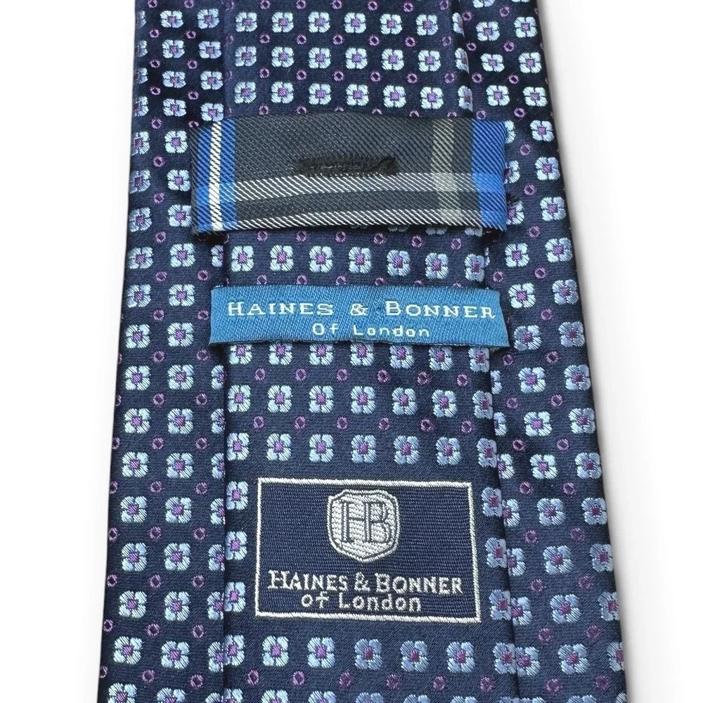 Haines & Bonner of London Silk Tie Blue Purple Geometric Floral Handmade 58x3.25